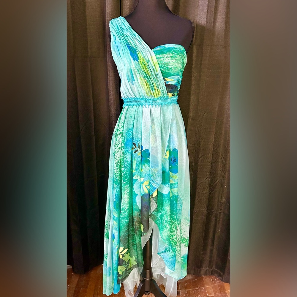 Green, Blue Floral One-Shoulder Hi-Low Maxi Dress with Tulle, Size S